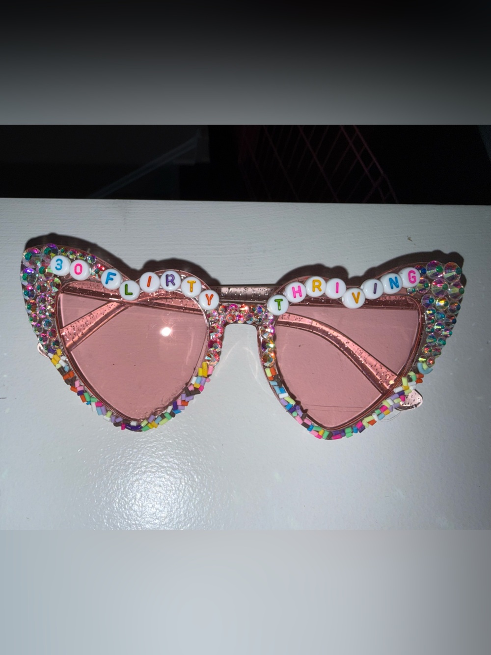 30th Birthday Pink Beaded Heart Sunglasses - '30 Flirty Thriving' Style